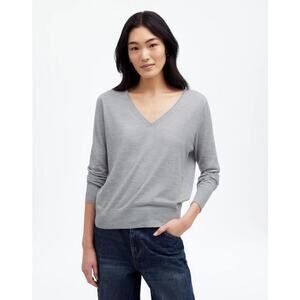 NWT Madewell Merino Wool-Silk Blend V-Neck Sweater Heather Silver Grey Small